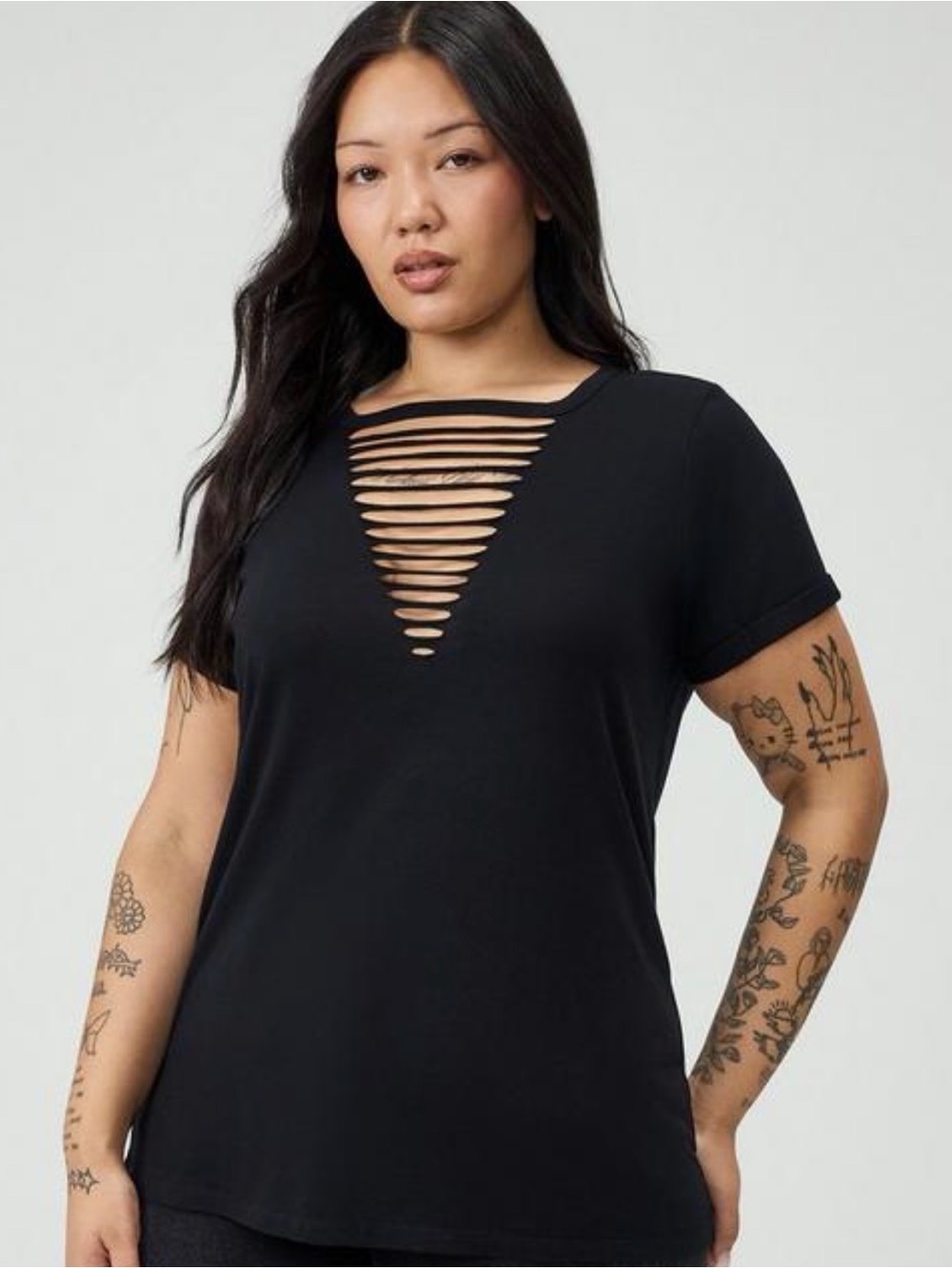 torrid Black Short Sleeve V-Neck Ladder Cutout Tee